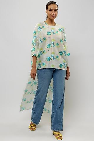 off-white & teal silk mul digital printed high-low tunic