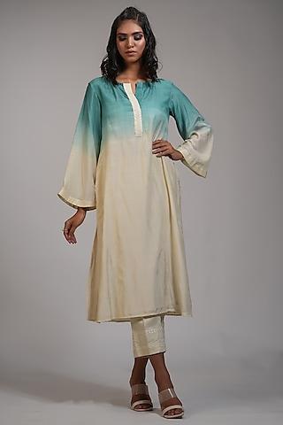 off-white & turquoise ombre mul cotton embroidered kurta set