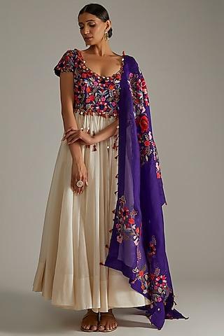 off-white & violet embroidered anarkali set