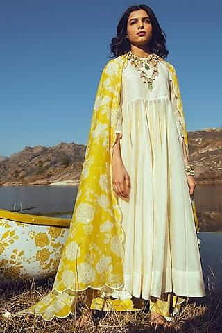 off-white & yellow anarkali set