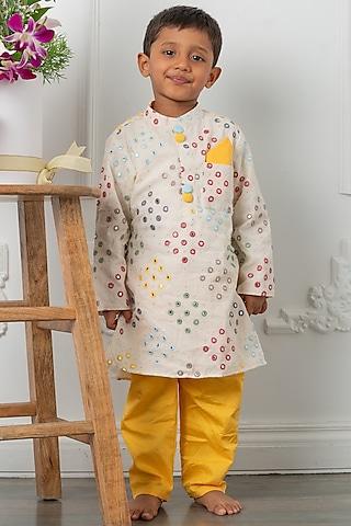off-white & yellow embroidered cotton abla kurta set for boys