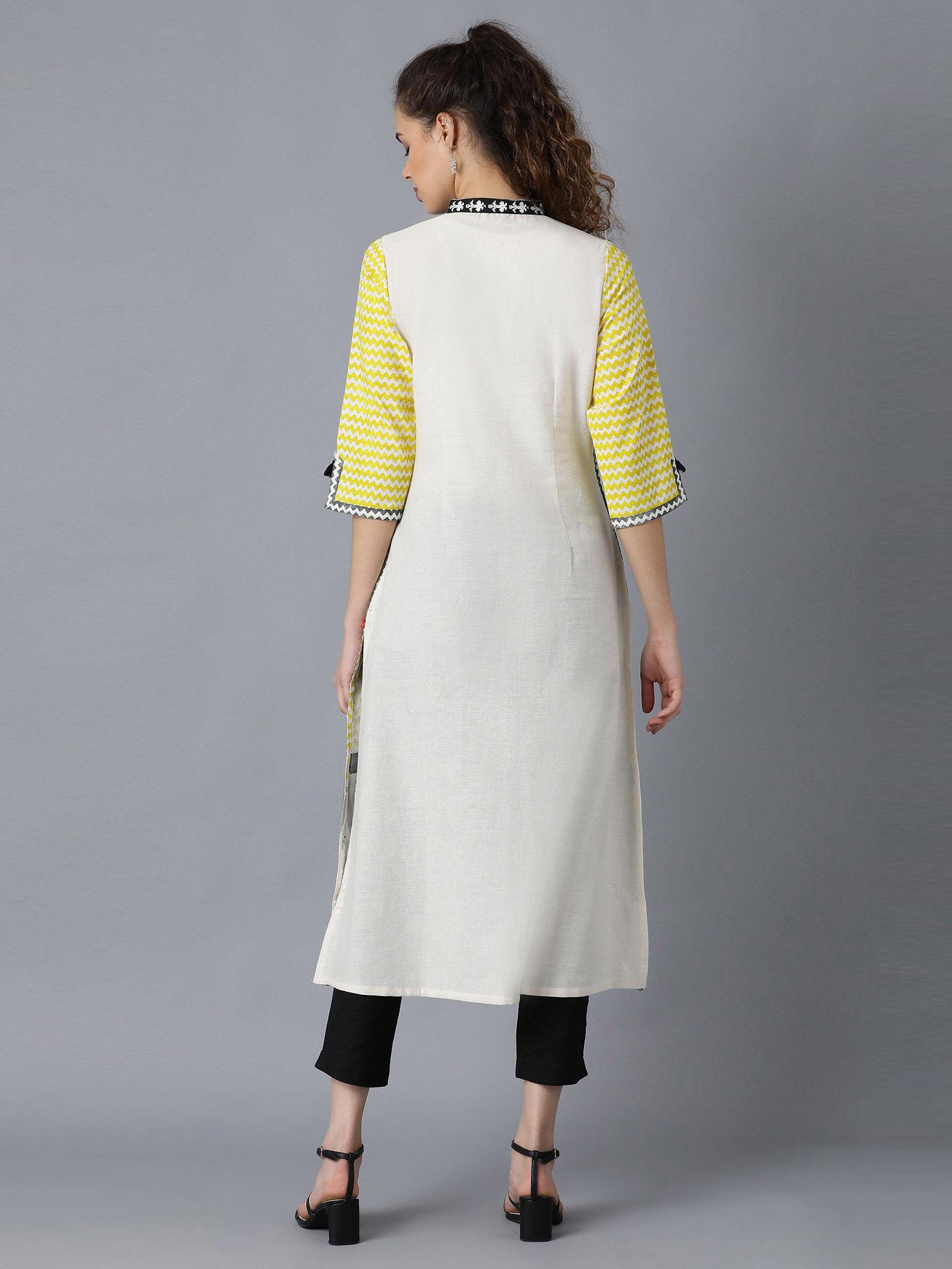 off-white & yellow mandarin neck kurta