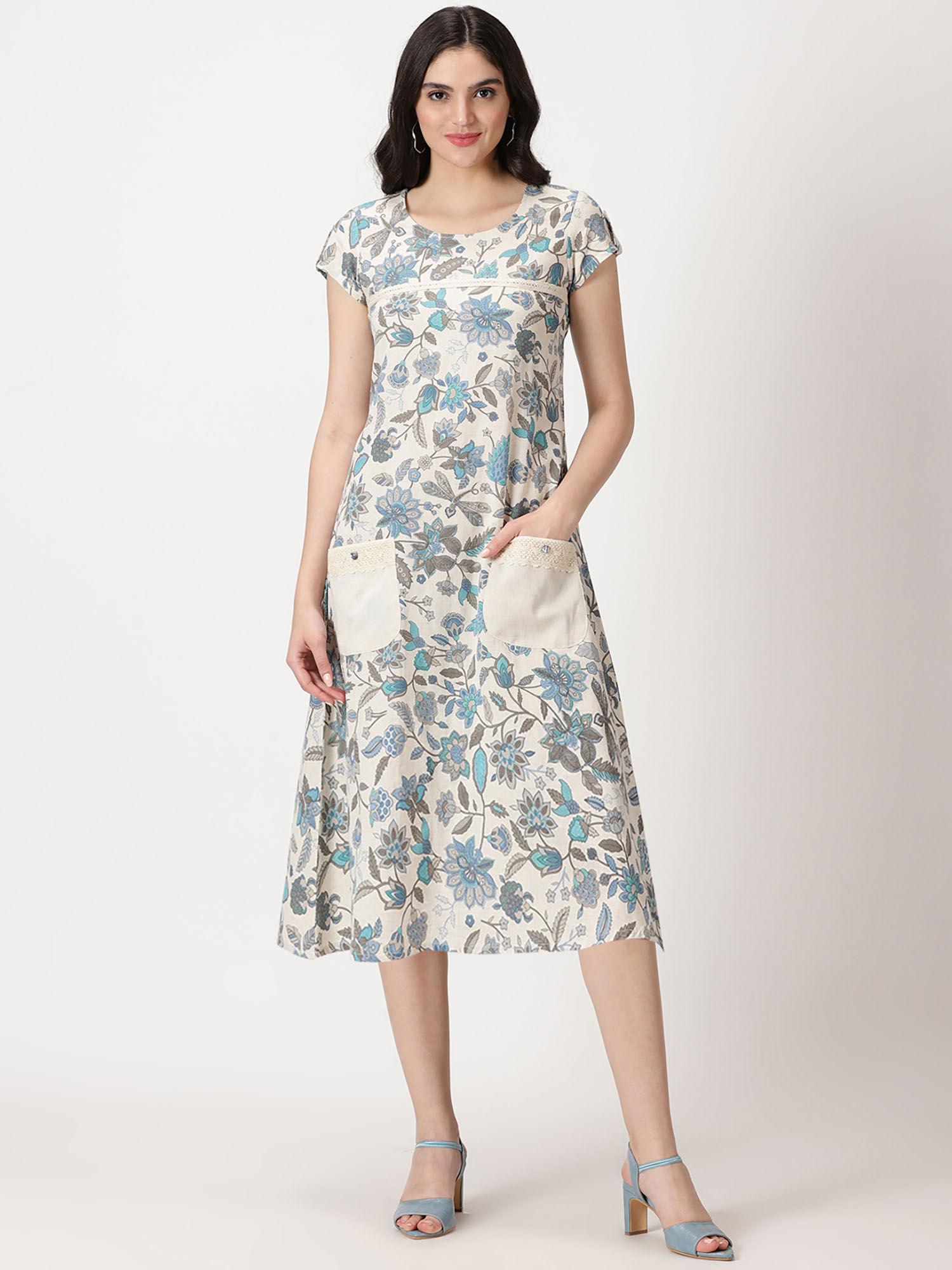 off white - blue ethnic floral print midi dress with pockets