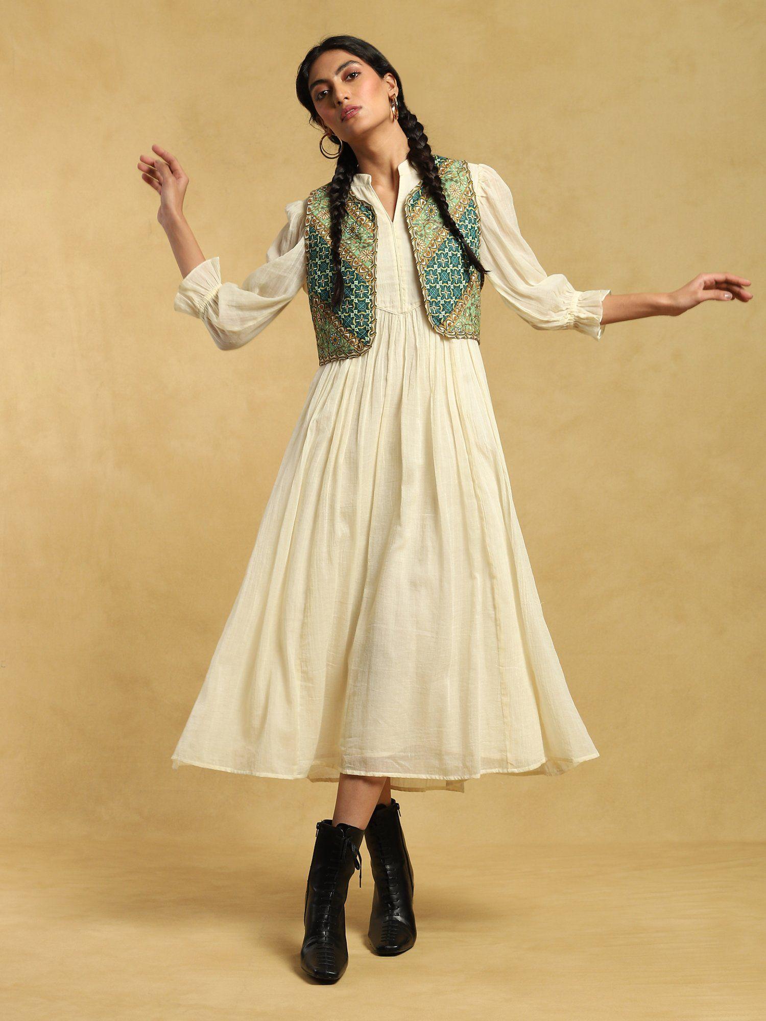 off white a-line long dress with embroidered waist coat (set of 2)