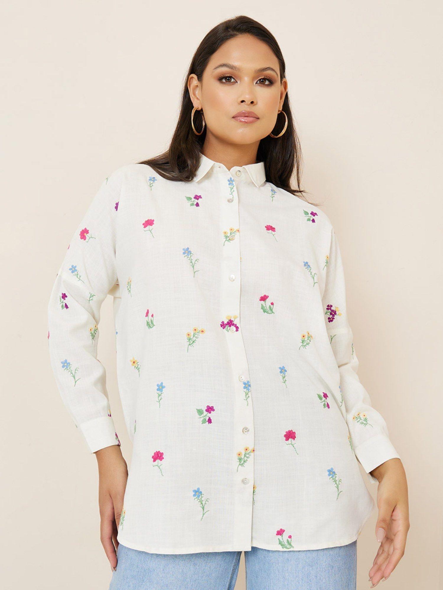 off white all over embroidered linen look longline shirt
