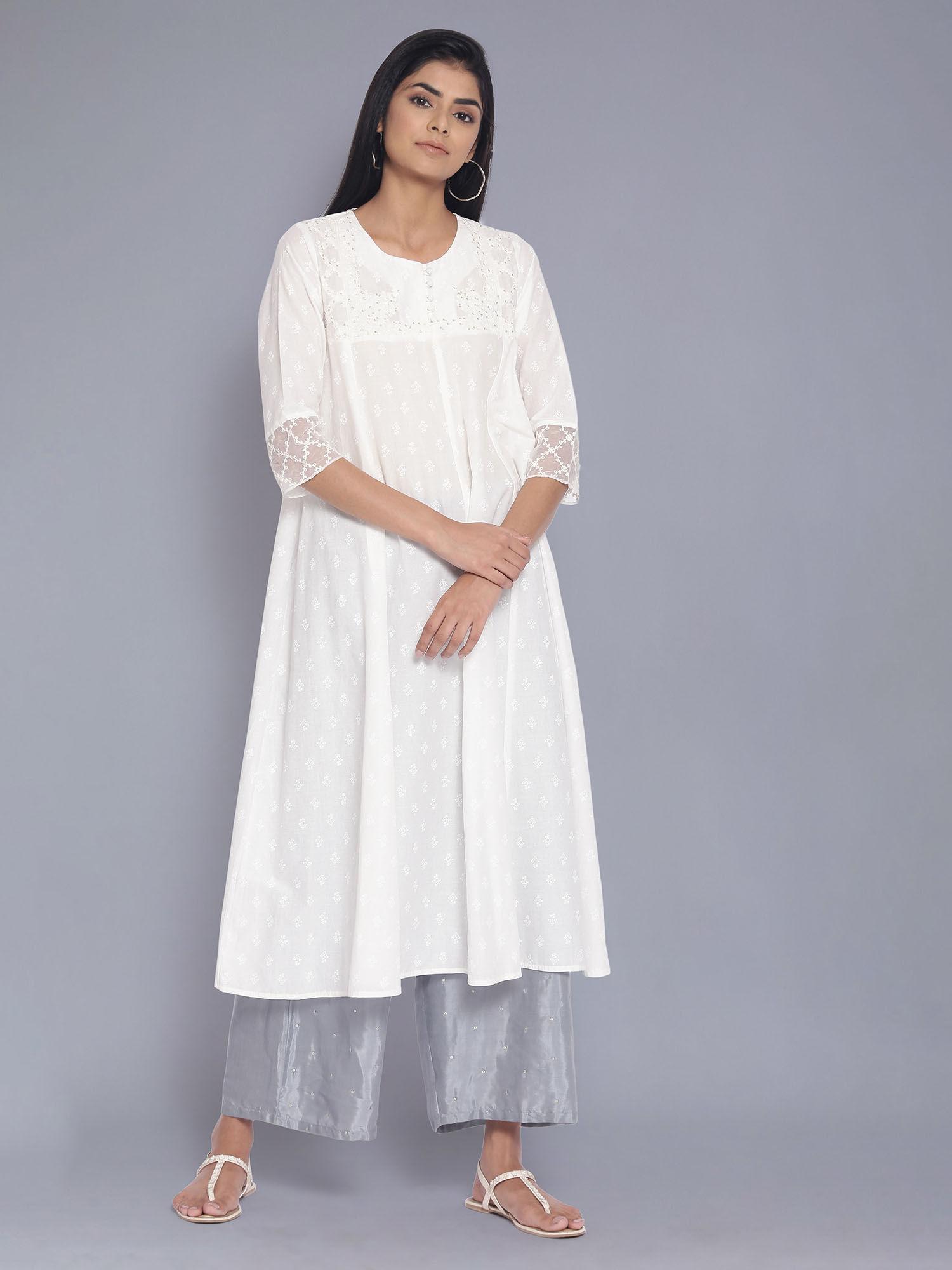 off white all-over print panelled flared kurta