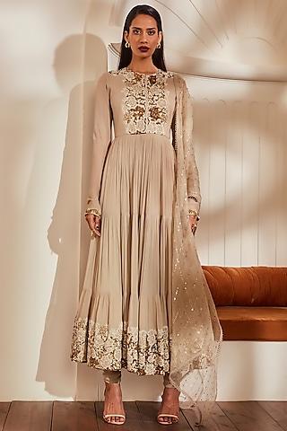 off white anarkali set in viscose georgette