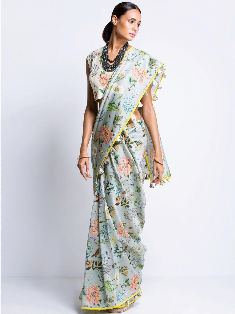off white and aqua printed mul saree with blouse - customisable