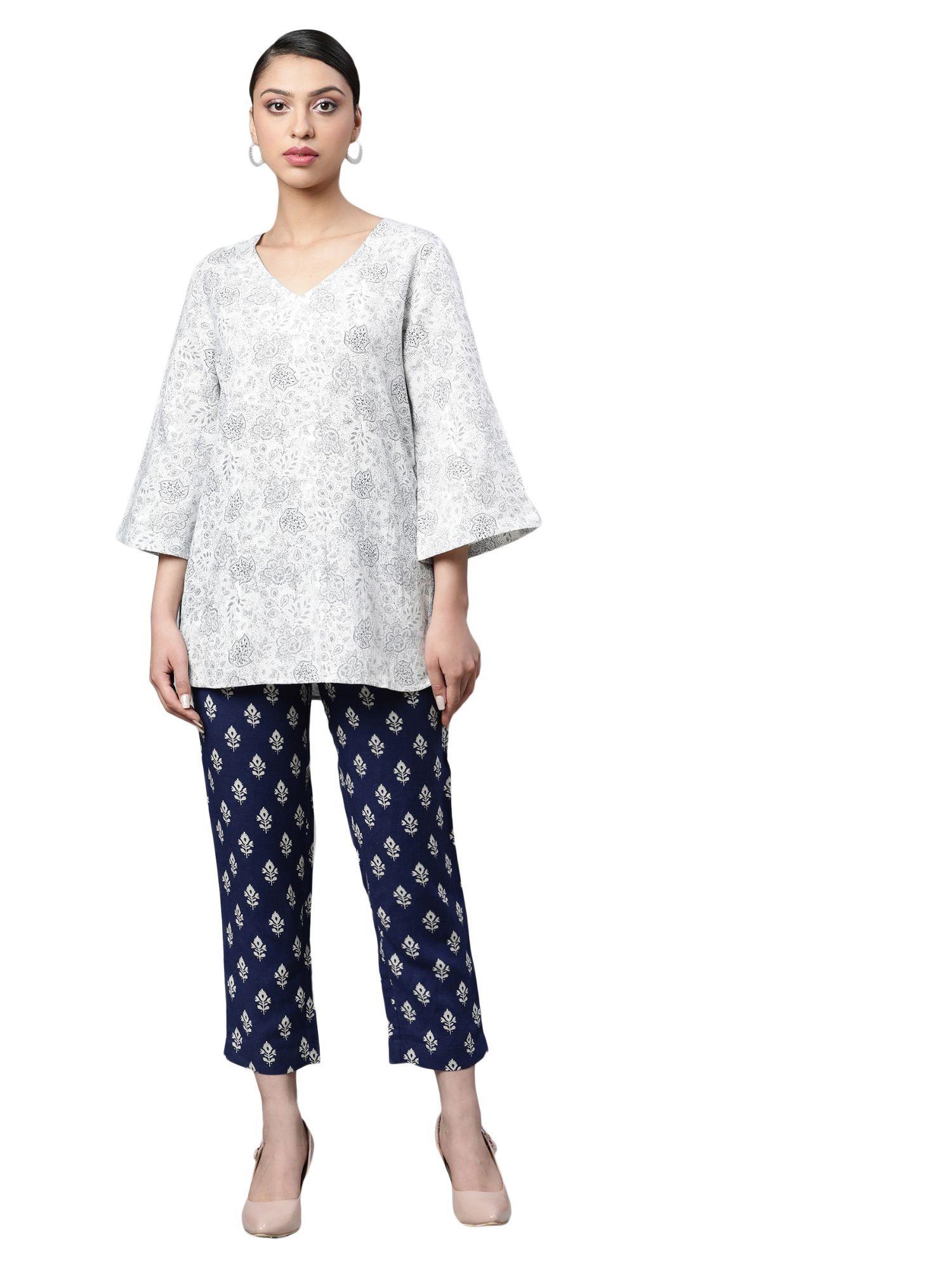 off white and indigo floral printed kurti and pant (set of 2)