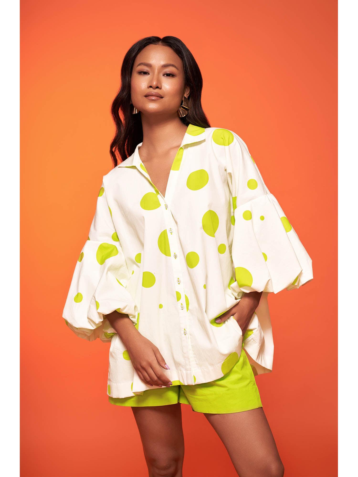 off-white and lime polka dot shirt