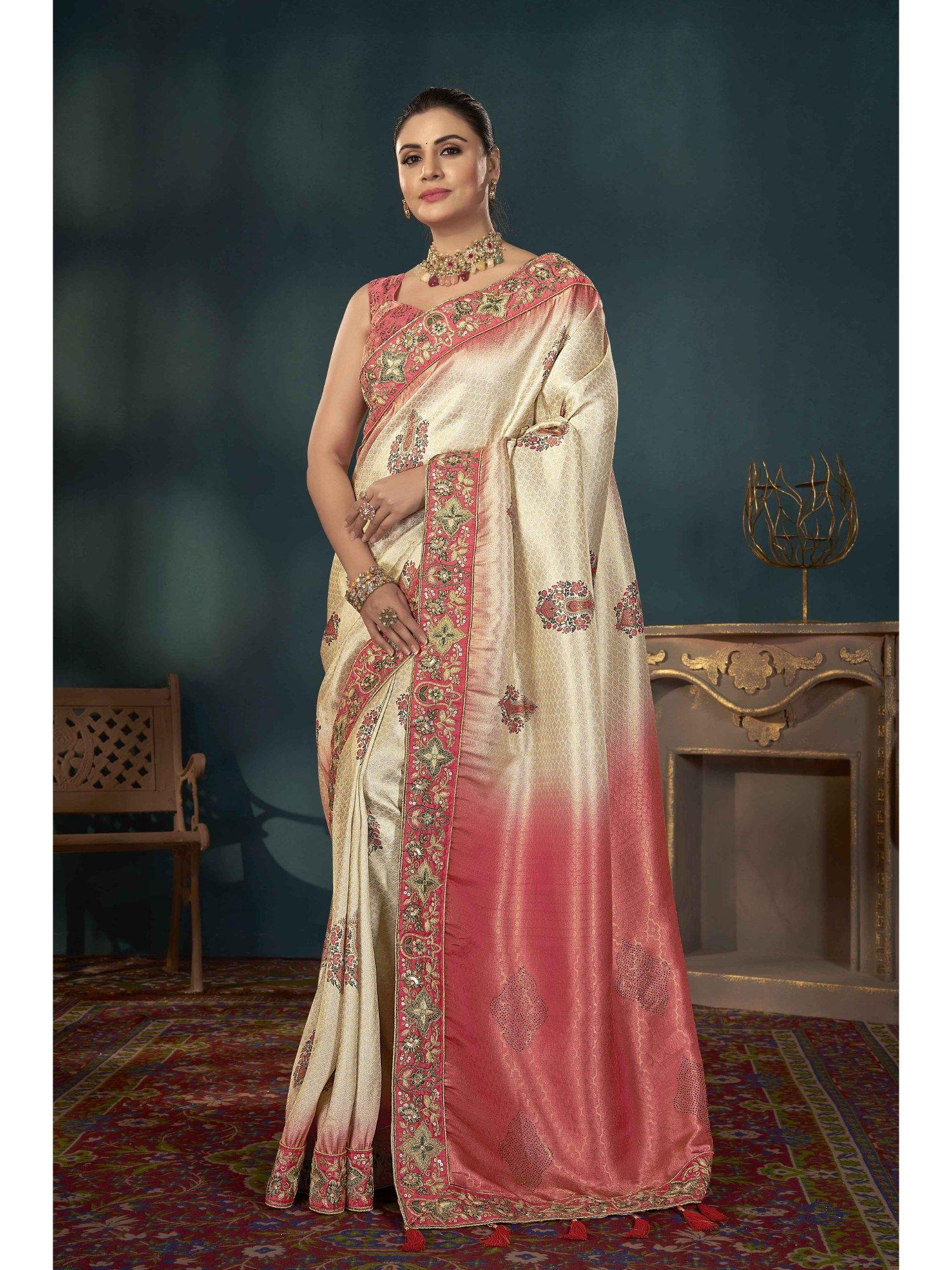 off white and peach woven embroidered banarasi saree with unstitched blouse