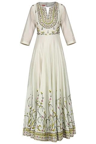 off white and sea green embroidered anarkali gown set