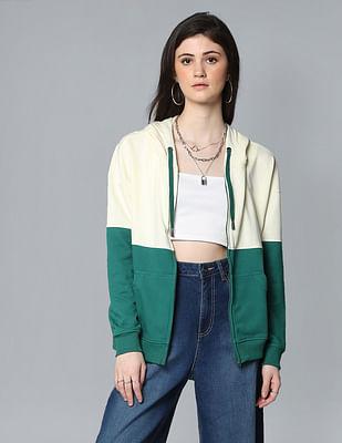 off-white and teal zip up colour blocked hood sweatshirt