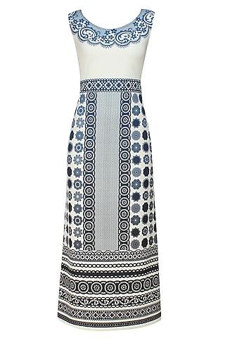off white and turquoise geometric print dress