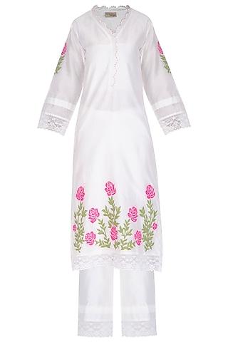 off white applique & lace embellished kurta set