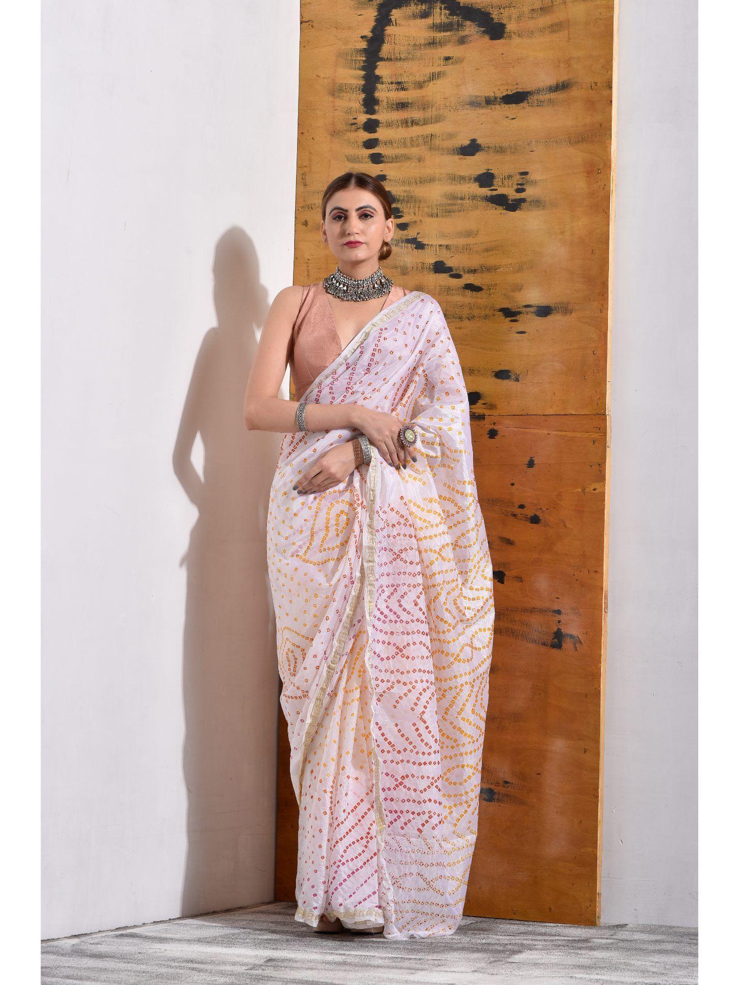 off white bandhani silk saree with unstitched blouse