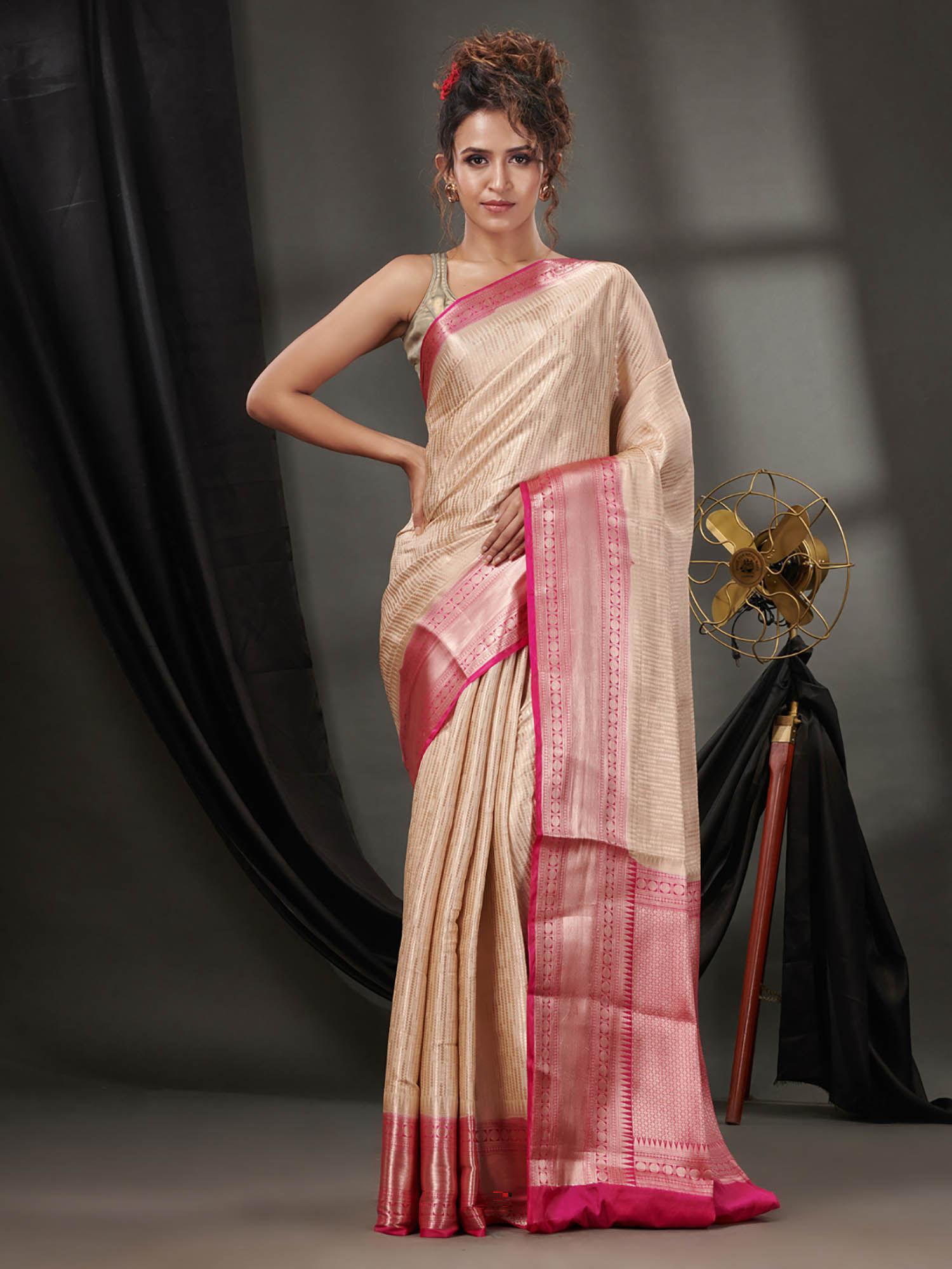 off white blended silk handwoven saree with woven zari designs & unstitched blouse