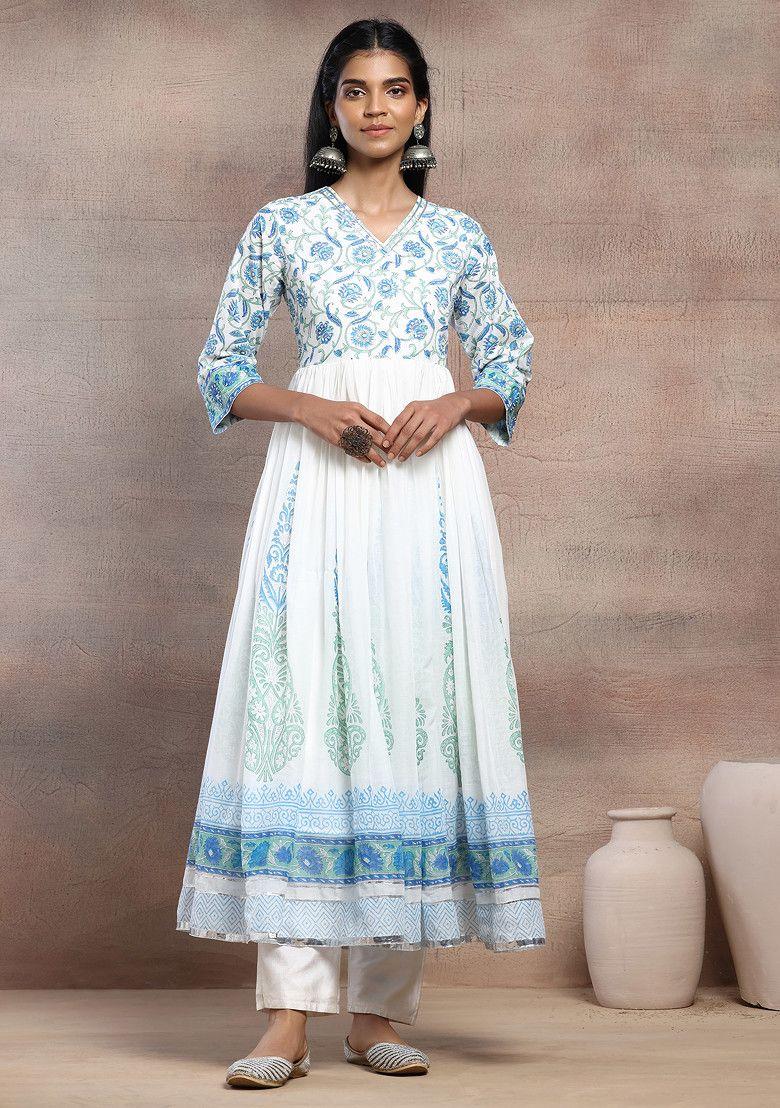 off white block print embroidered cotton anarkali kurta