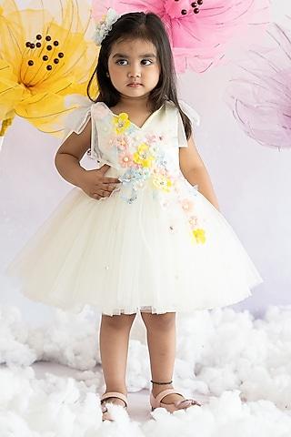 off-white bridal satin & soft net pearl embroidered fluffy dress for girls
