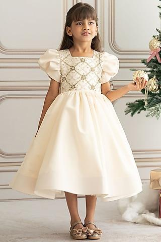 off-white bridal satin hand embroidered gown for girls