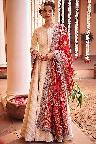 off-white brocade zari embroidered anarkali set