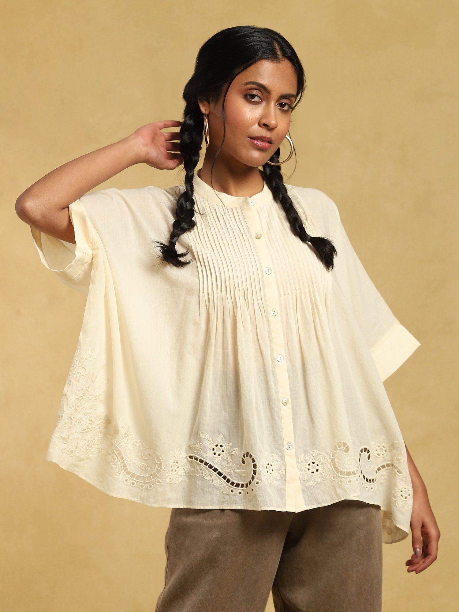 off white button-down pleated cotton kurti