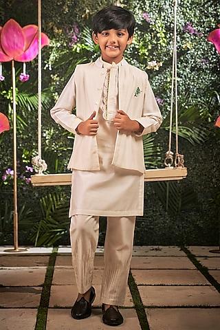 off-white chanderi bundi jacket & kurta set for boys