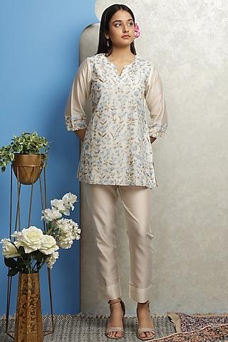 off-white chanderi floral embroidered tunic set