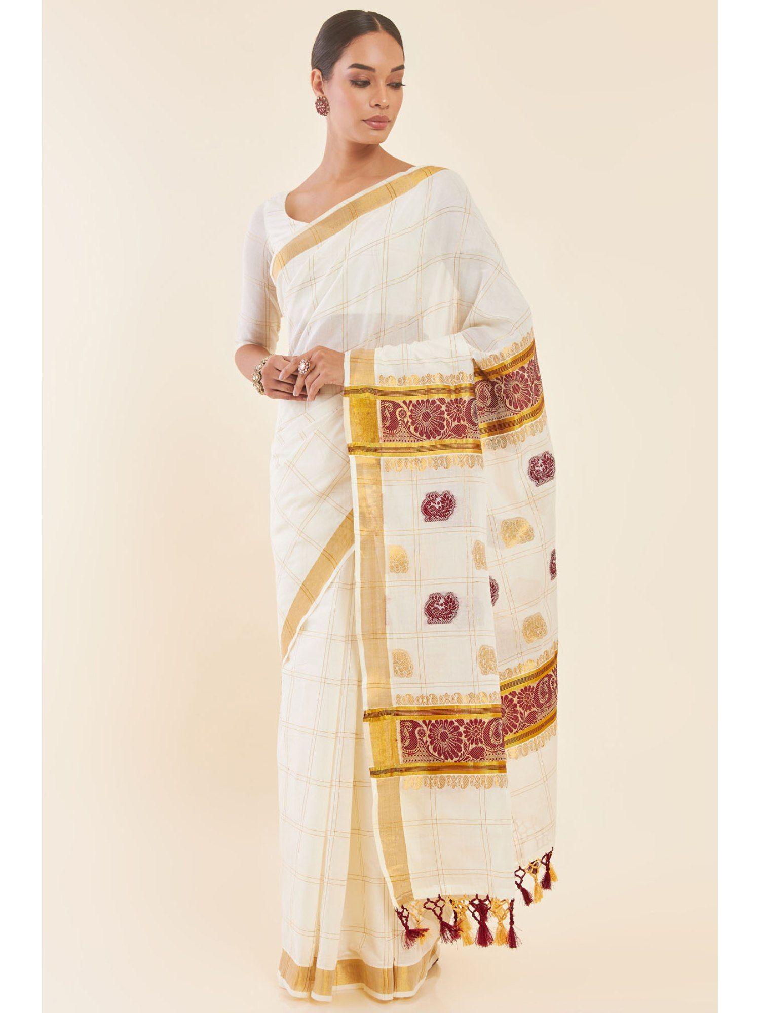 off white checkered cotton kasavu saree with floral and paisley pallu with unstitched blouse