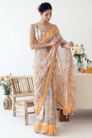 off-white chiffon floral printed reversible saree set