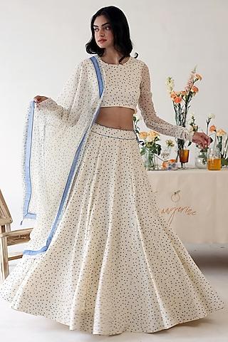 off-white chiffon polka dot printed lehenga set