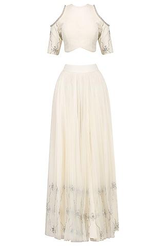 off white cold shoulder crop top and skirt set