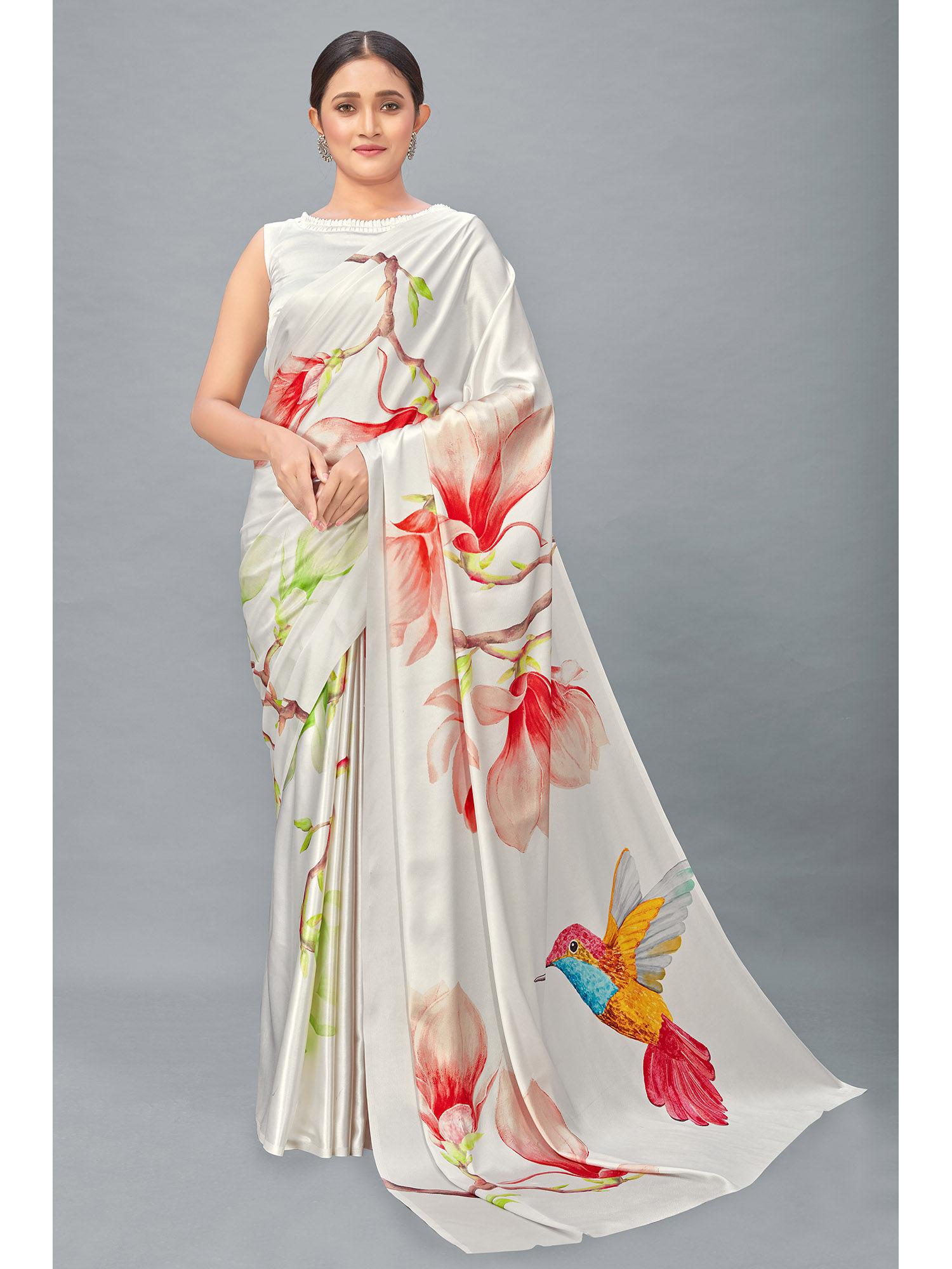 off white color satin digital print saree with unstitched blouse