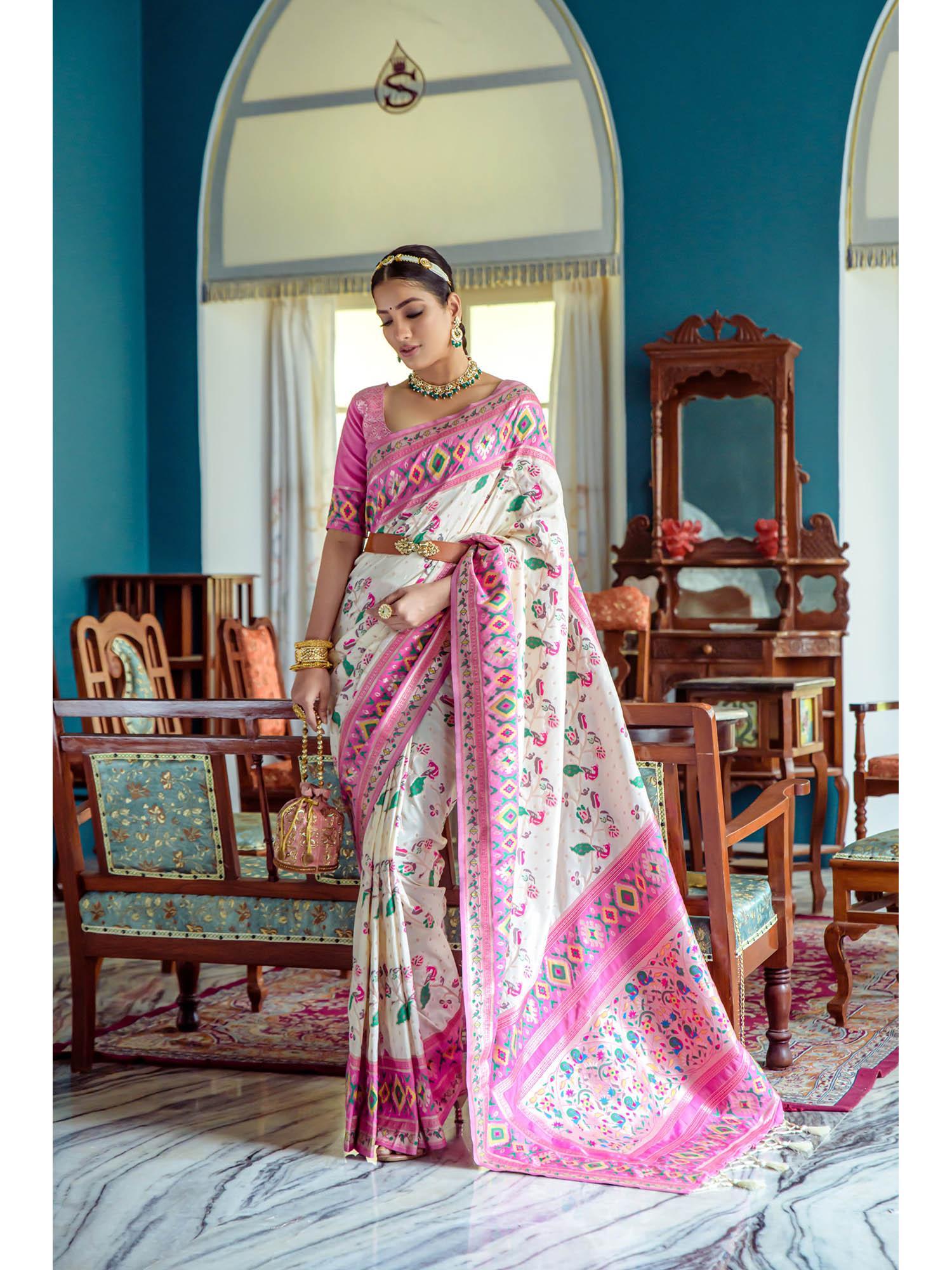 off white-coloured & pink zari woven design pathani silk saree with unstitched blouse