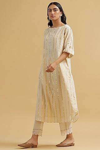 off-white cotton & lurex embroidered tunic set