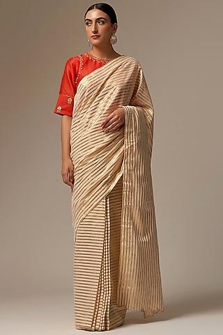 off-white cotton & lurex printed saree