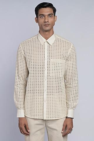 off-white cotton & schiffli embroidered shirt