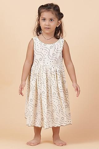 off-white cotton bandhani printed flared dress for girls