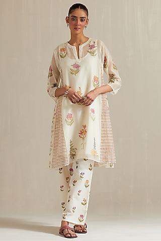 off-white cotton chanderi floral hand block printed short kalidar kurta set