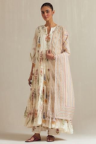 off-white cotton chanderi floral hand block printed tiered kurta set