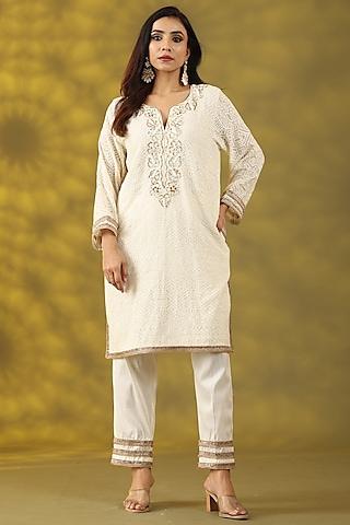 off-white cotton chanderi mirror embroidered kurta set