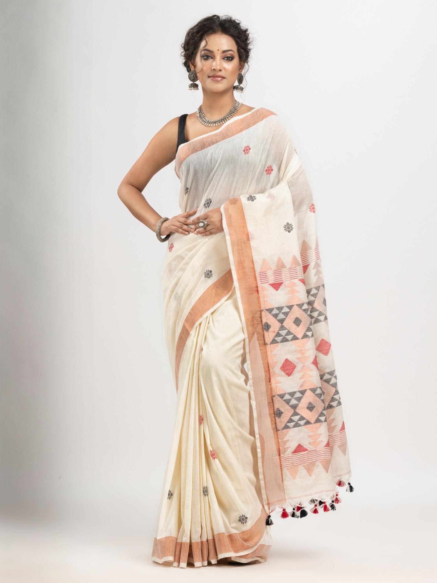 off white cotton copper zari border handloom jacquard saree with unstitched blouse