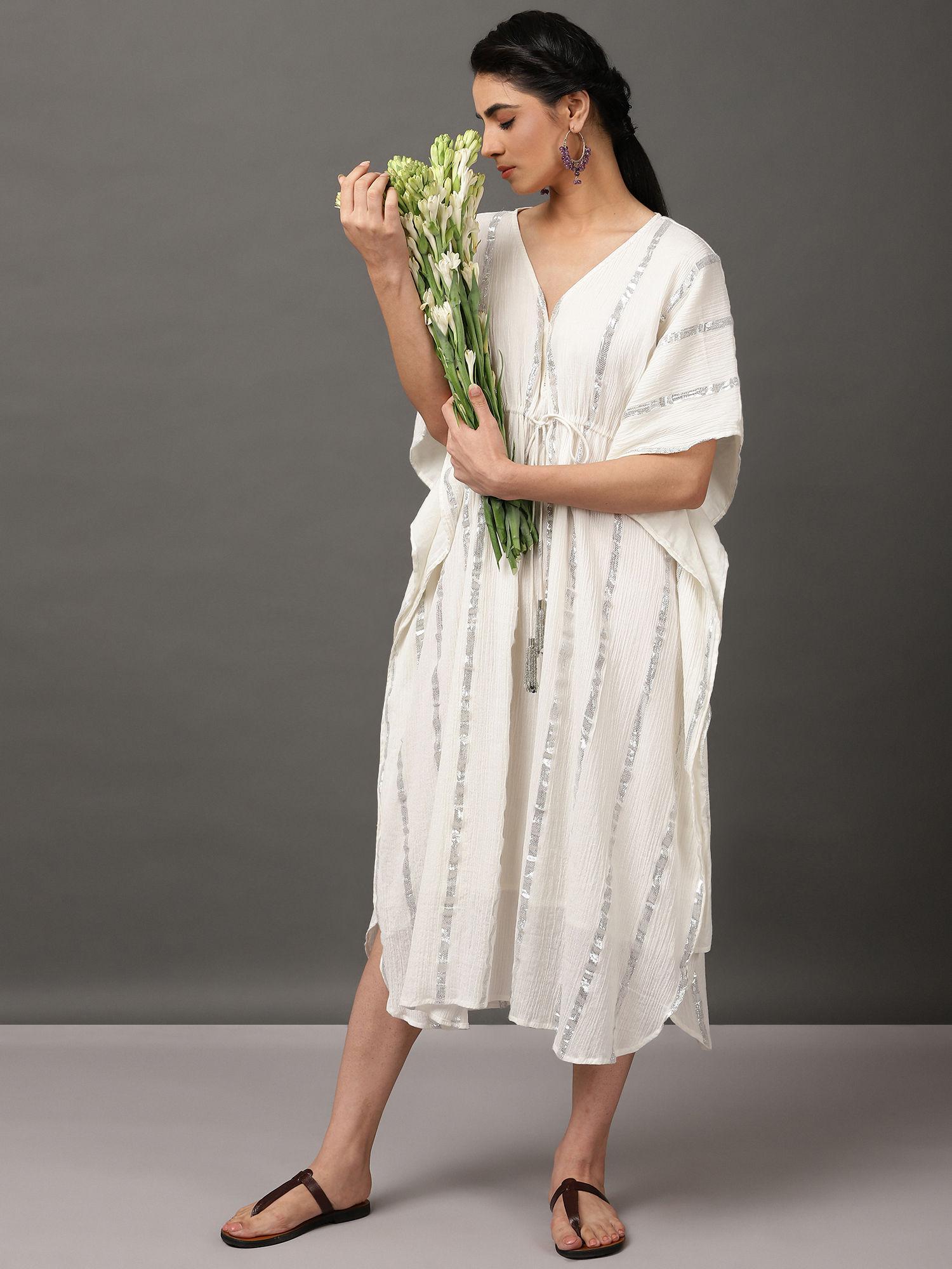 off white cotton crepe kaftan dress with silver lurex stripe