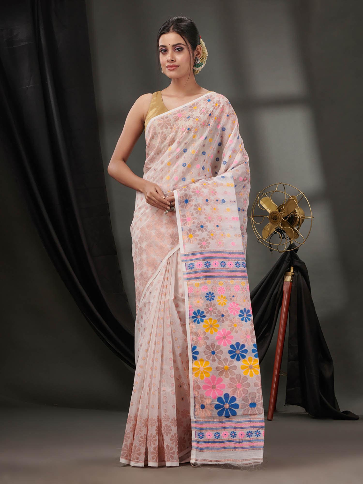 off white cotton dhakai jamdhani handwoven saree without blouse & floral designs