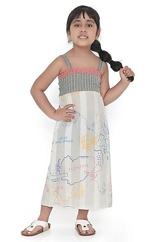 off-white cotton dobby & cotton jacquard dress for girls