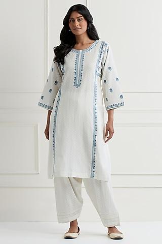 off-white cotton dobby embroidered kurta set