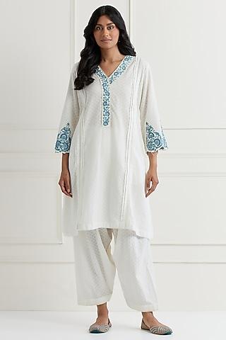 off-white cotton dobby embroidered kurta set
