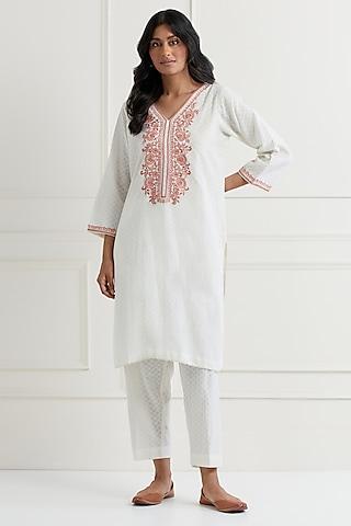 off-white cotton dobby embroidered kurta set