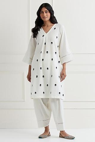 off-white cotton dobby embroidered kurta set