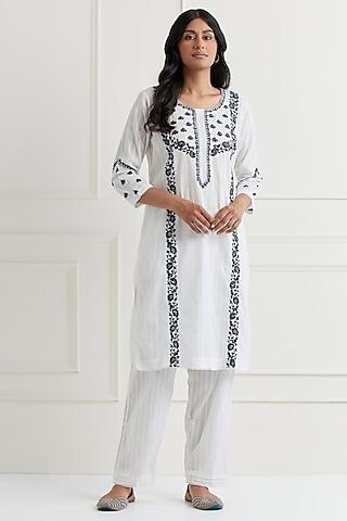 off-white cotton dobby embroidered kurta set